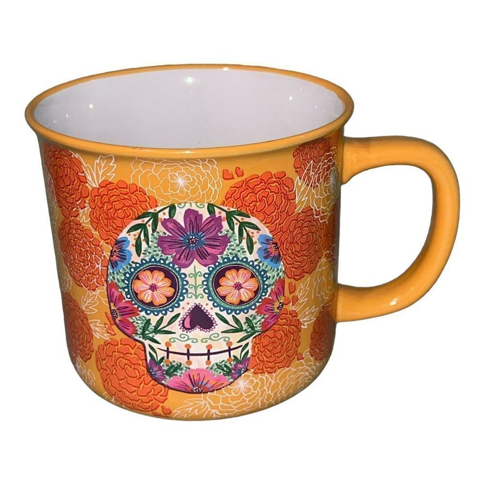 Deborah Curiel ceramic 18 oz orange sugar skull coffee mug